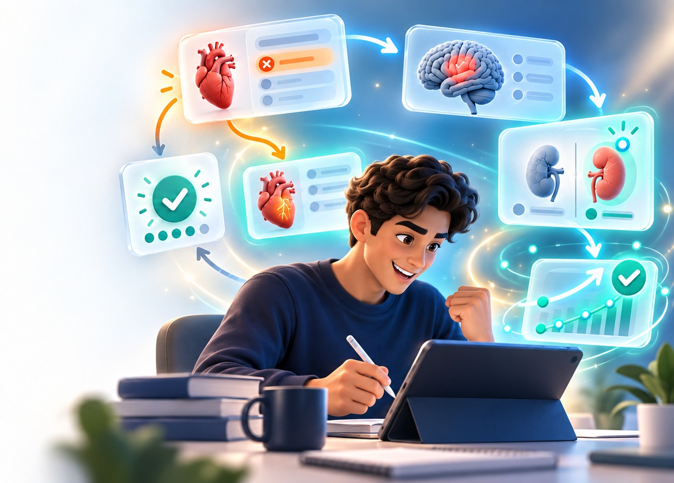 Illustration of a medical student following an adaptive learning pathway from a wrong answer to a focused weak area, a comparison insight, and mastery.